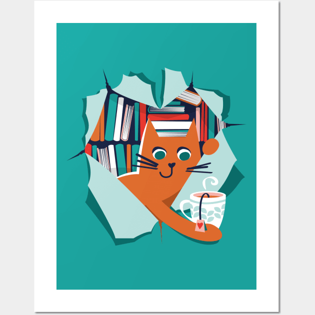 Bookish cat // orange tabby cat with tea mug teal neon red white and flesh coral books Wall Art by SelmaCardoso